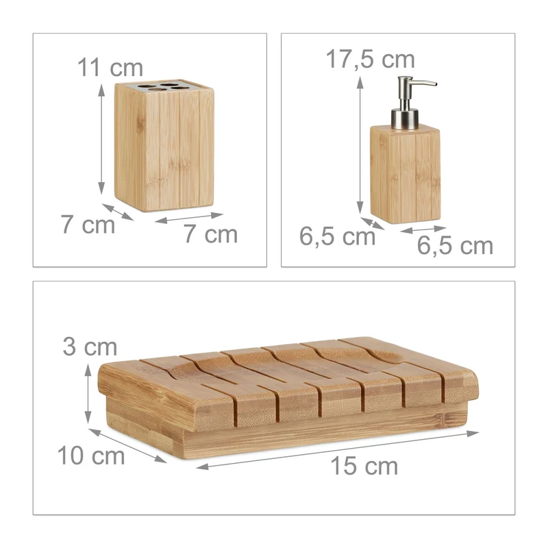 Lot de 3 accessoires salle de bain design élégant 10 x 10 x 15 cm en bambou naturel 13_0003718