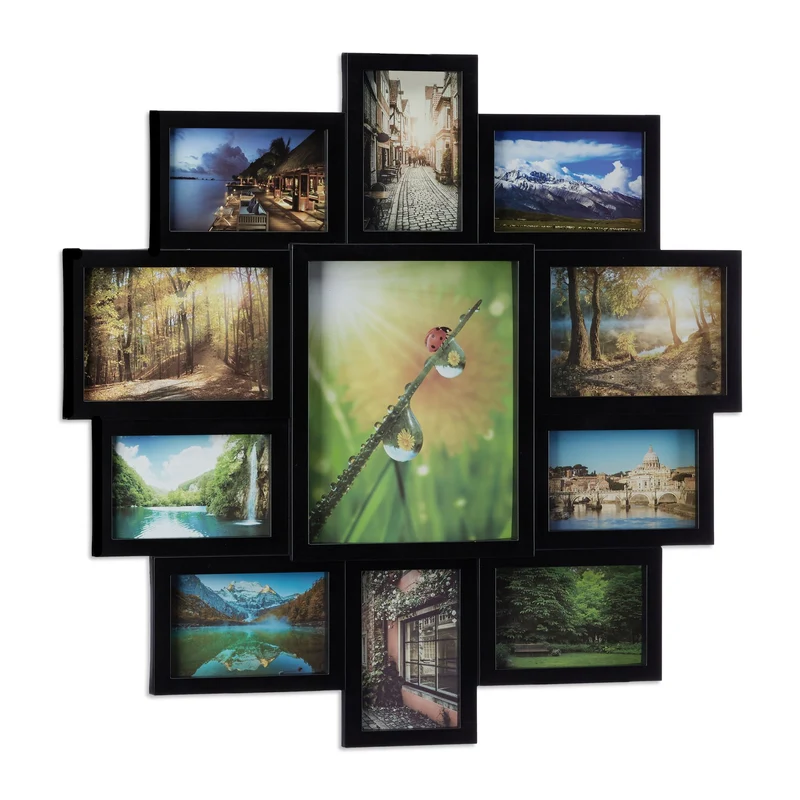 Cadre photos pêle-mêle collage décoration 61,5 x 61,5 x 2 cm pour 11 photos en plastique noir 13_0005313