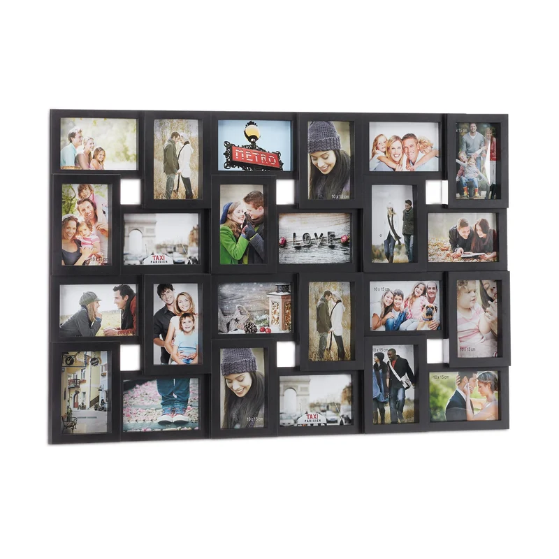 Cadre photos pêle-mêle vertical horizontal 57 x 86 x 3 cm pour 24 photos décoratif en plastique noir 13_0005508