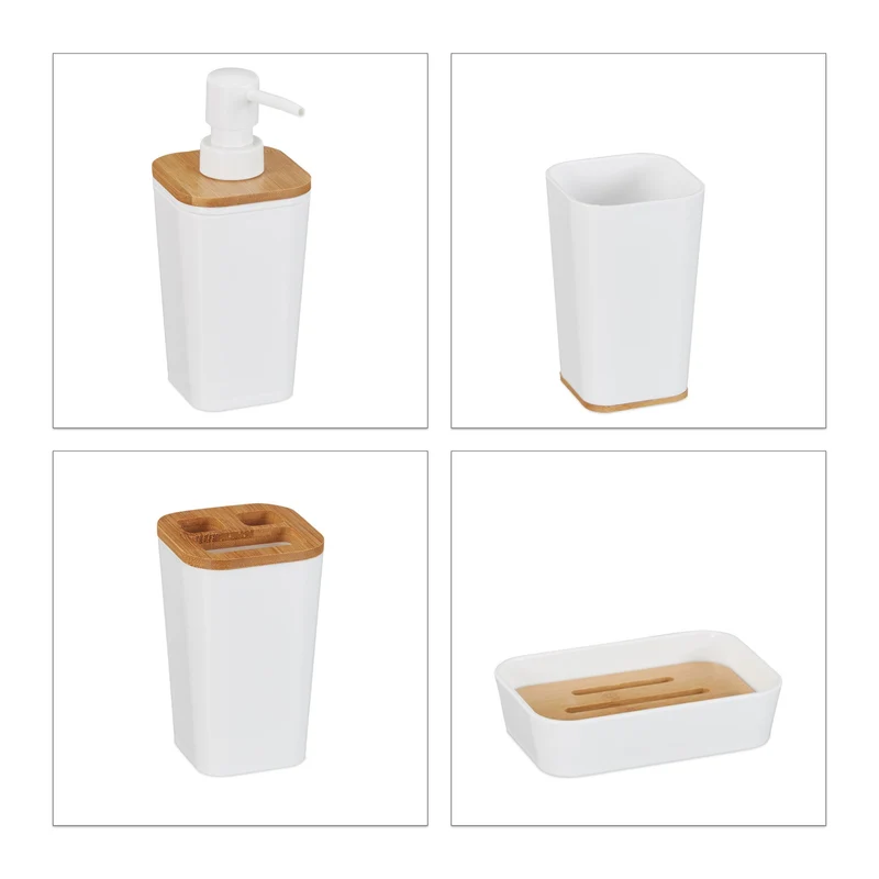 Lot d'accessoires de salle de bain moderne 4 pièces en plastique blanc 13_0005546