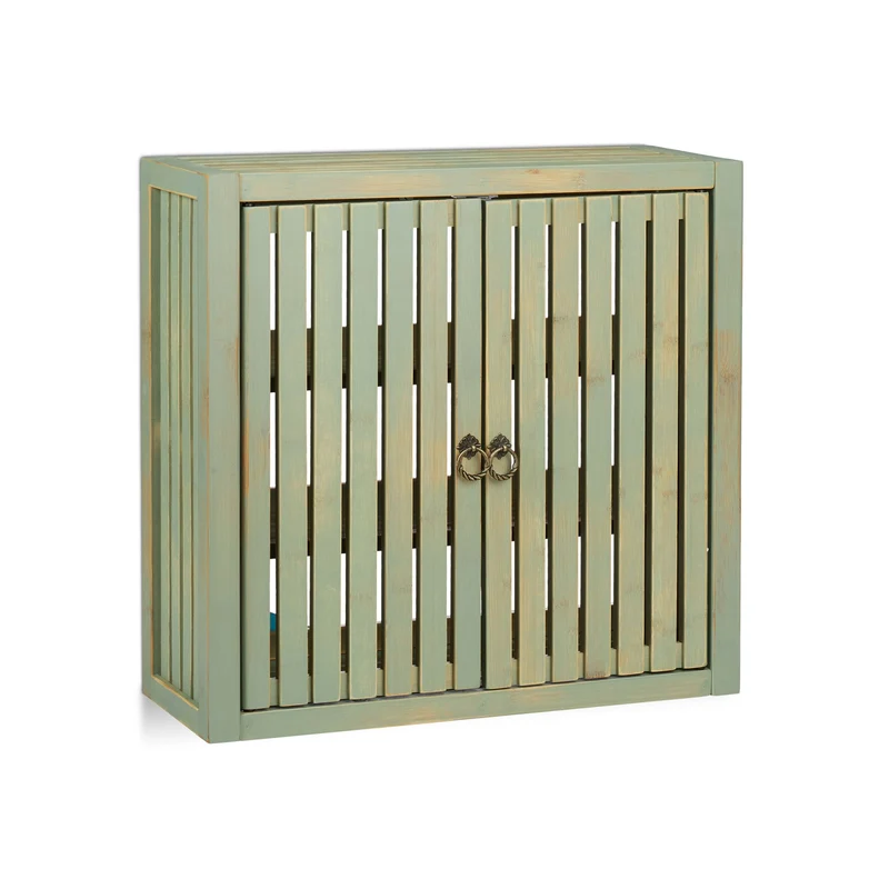 Placard mural vintage salle de bain cuisine 80 x 30 x 30 cm avec 2 étagères modulables en bambou vert clair 13_0005626