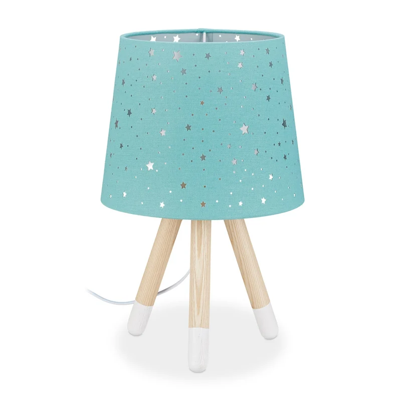 Lampe de table ronde pour chambre d'enfants 40 x 25,5 cm éclairage doux ambiance étoilée en tissu bleu 13_0006493