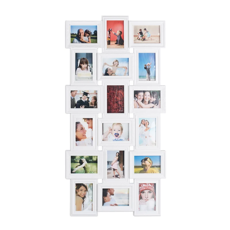 Cadre photos pêle-mêle mural 104 x 54 x 2,5 cm pour 18 photos décoratif style antique en plastique blanc 13_0006880