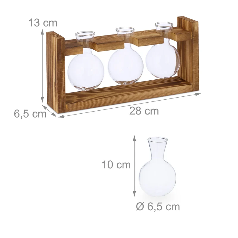 Lot de 3 vases décoratifs hydroponiques pour plantes fleurs 13 x 28 x 6,5 cm en bois de hêtre transparent 13_0016173