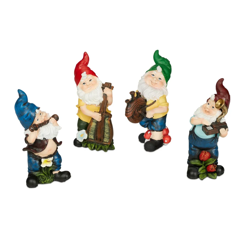 Lot de 4 nains de jardin musiciens décoration extérieur 25 x 10 x 10 cm en pierre artificielle gris 13_0013131