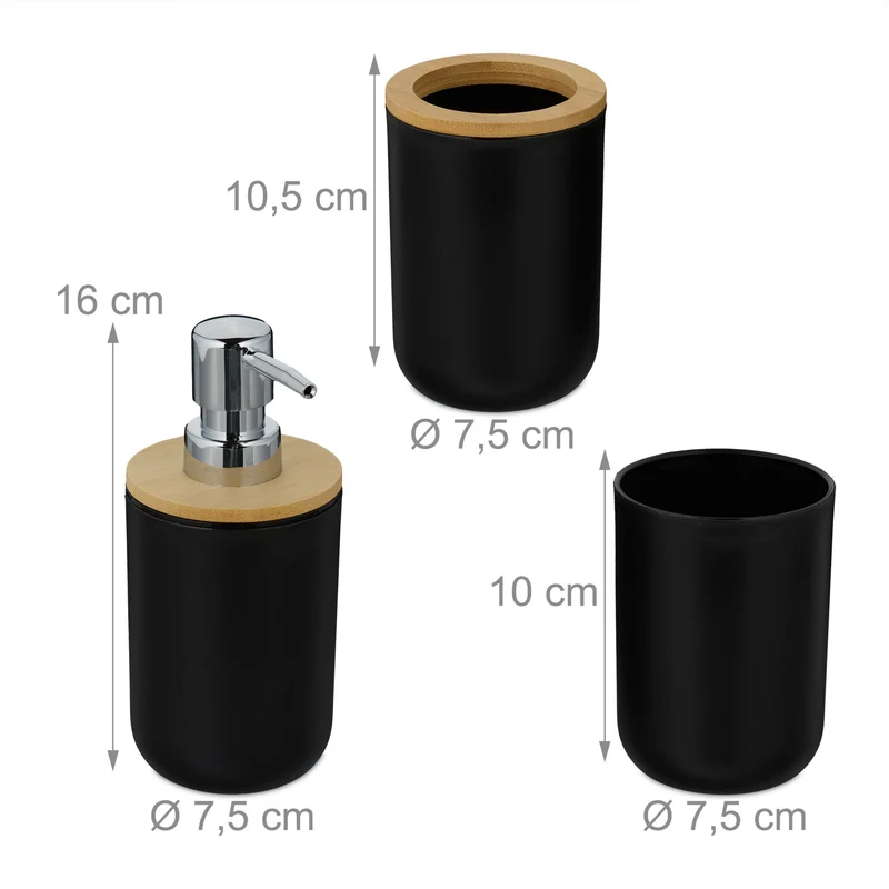 Lot de 6 accessoires de salle de bain design moderne esthétique harmonieuse en plastique noir mat 13_0016277