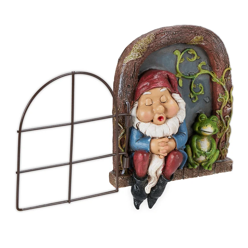 Lot de 2 décorations de jardin lutin aux détails soignés effet 3D 15 x 10 x 25 cm en pierre artificielle verte 13_0013130