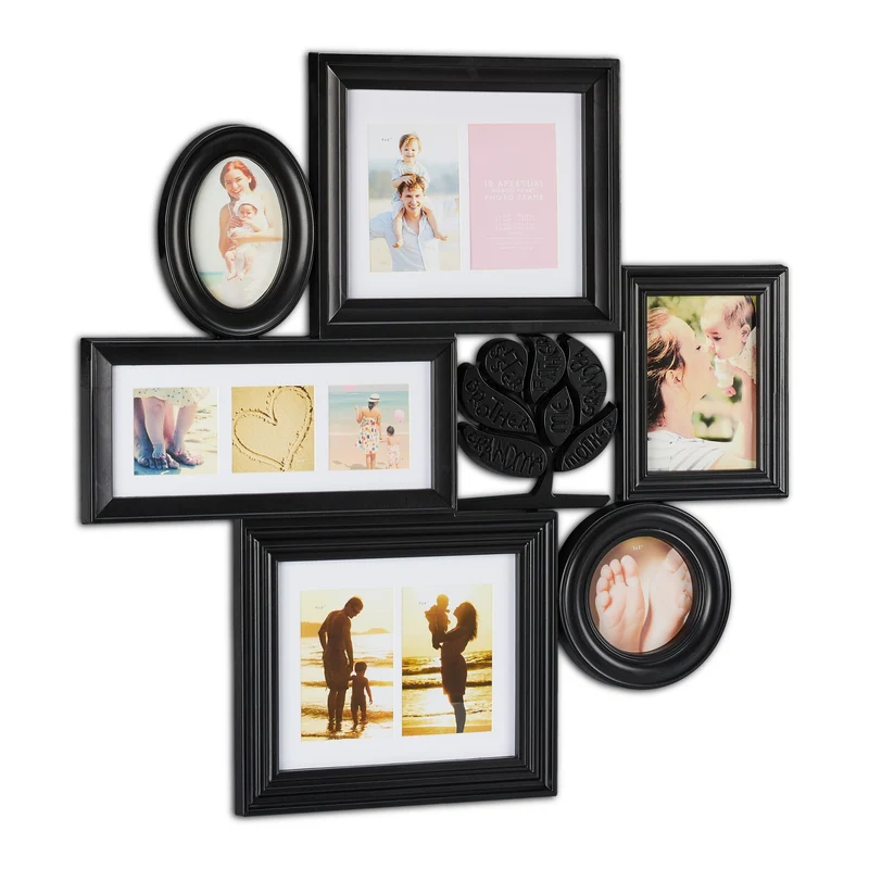 Cadre photo pêle-mêle mural collage 70,5 x 70,5 x 3,5 cm décoratif pour 10 photos en plastique noir 13_0010461
