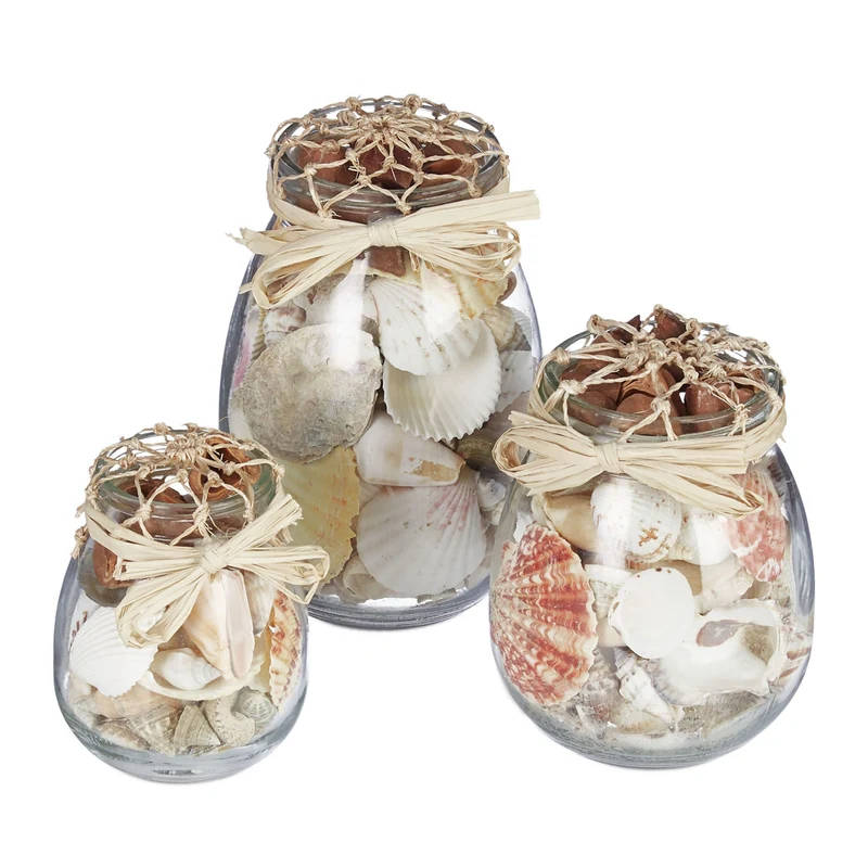 Lot de 3 décorations maritimes avec coquillages naturels pour table salle de bain ambiance plage en verre beige 13_0008035