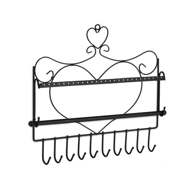 Porte-bijoux mural vintage romantique rangement efficace 30 x 36,5 x 3,5 cm en fer laqué noir 13_0008862