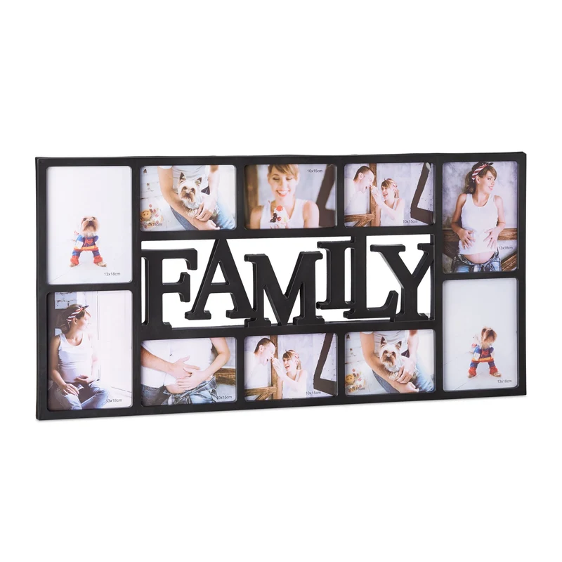 Cadre photos pêle-mêle mural décoratif 36,5 x 72 x 2 cm pour 10 photos en plastique noir 13_0008604
