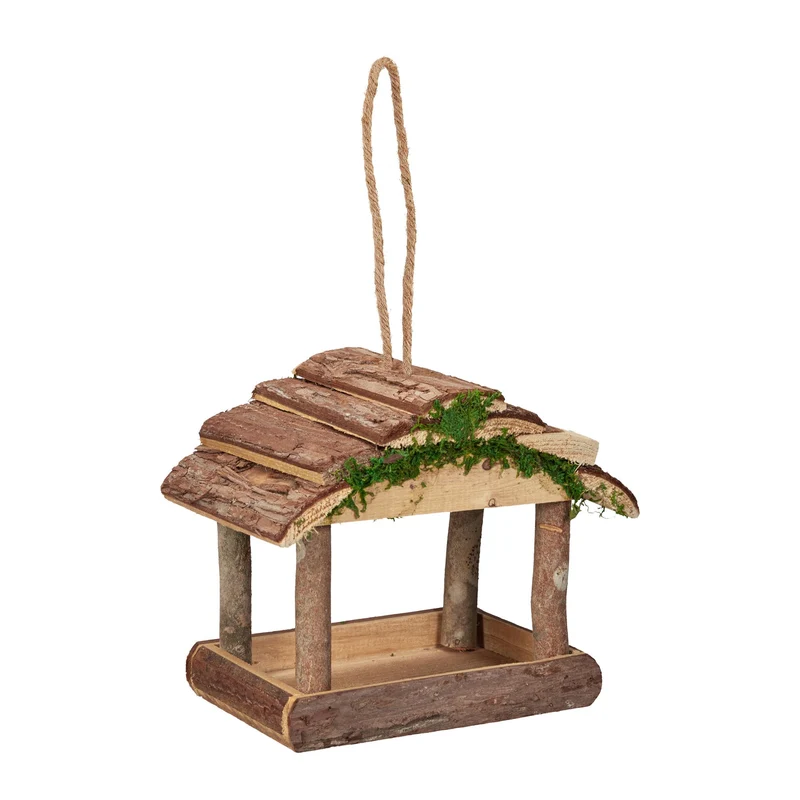 Mangeoire à oiseaux naturelle suspendue jardin 30 x 15 x 15 cm décorative en bois marron 13_0009375