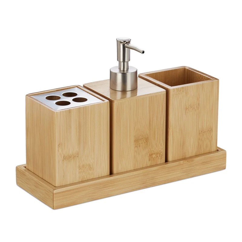 Lot de 4 ustensiles de salle de bain en bambou résistant à l'humidité style naturel ambiance chaleureuse 13_0009282