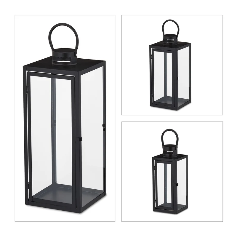 Lot de 3 lanternes décoratives modernes 30 x 10 x 10 cm usage intérieur et extérieur en métal noir 13_0011663