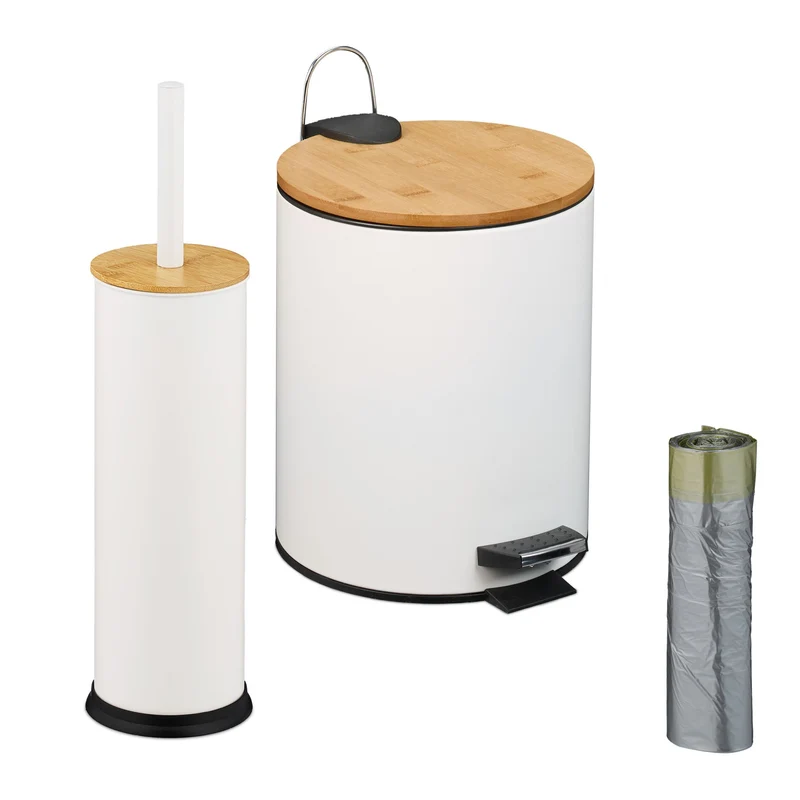 Set pratique pour salle de bain brosse WC avec support et poubelle 26 x 20,5 x 25 cm en métal blanc 13_0017152