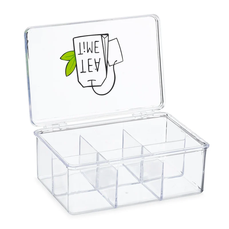 Boîte à thé transparente organiseur 6 compartiments design pratique 30 x 10 x 10 cm en plastique transparent 13_0013226