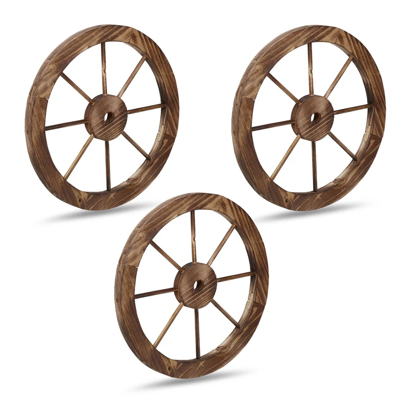 Lot de 3 roues décoratives rustiques à suspendre ou poser jardin 30 x 30 x 5 cm en bois marron flammé 13_0013549