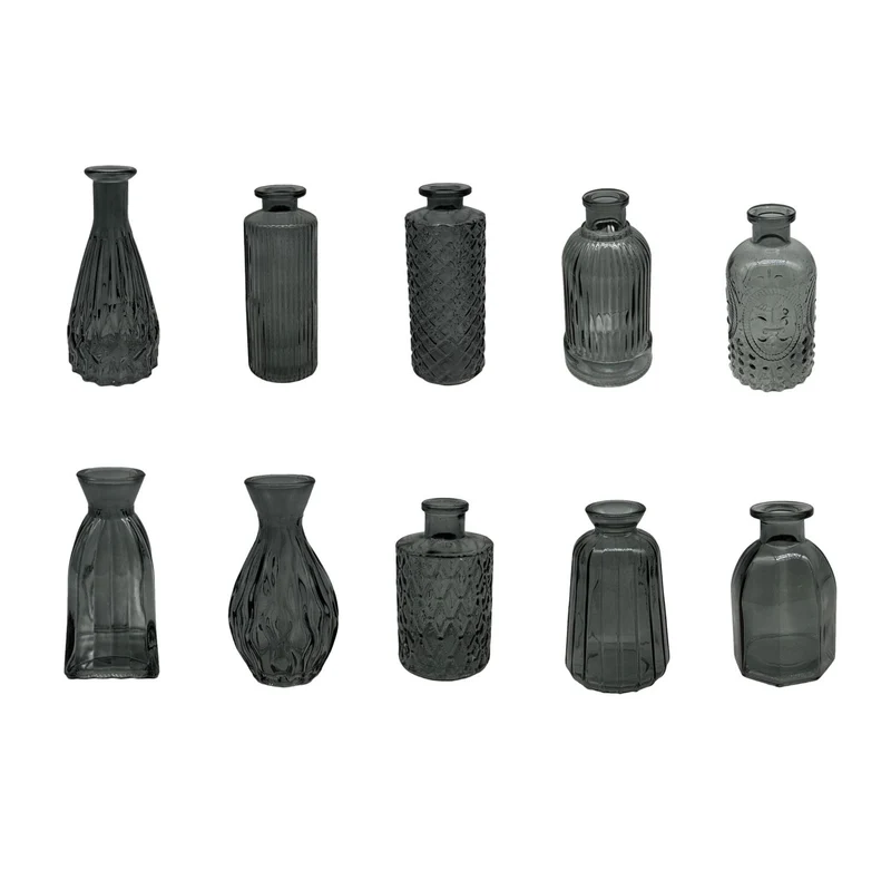 Lot de 10 vases miniatures vintage pour décoration intérieure 10 à 14 cm en verre transparent 13_0017910