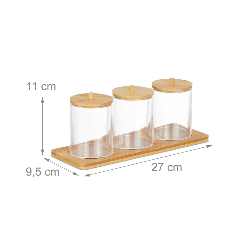 Lot de 3 pots de rangement transparent salle de bain et coiffeuse avec tablette finition moderne en bambou clair 13_0014517