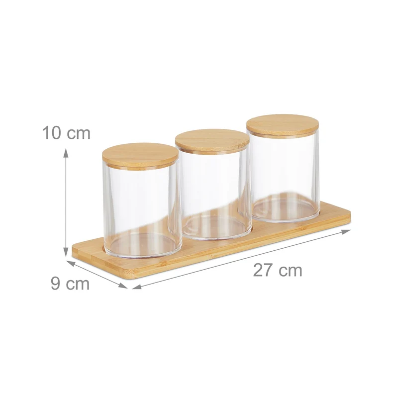 Lot de 3 pots de rangement transparent salle de bain et coiffeuse avec tablette finition moderne en bambou clair 13_0014516