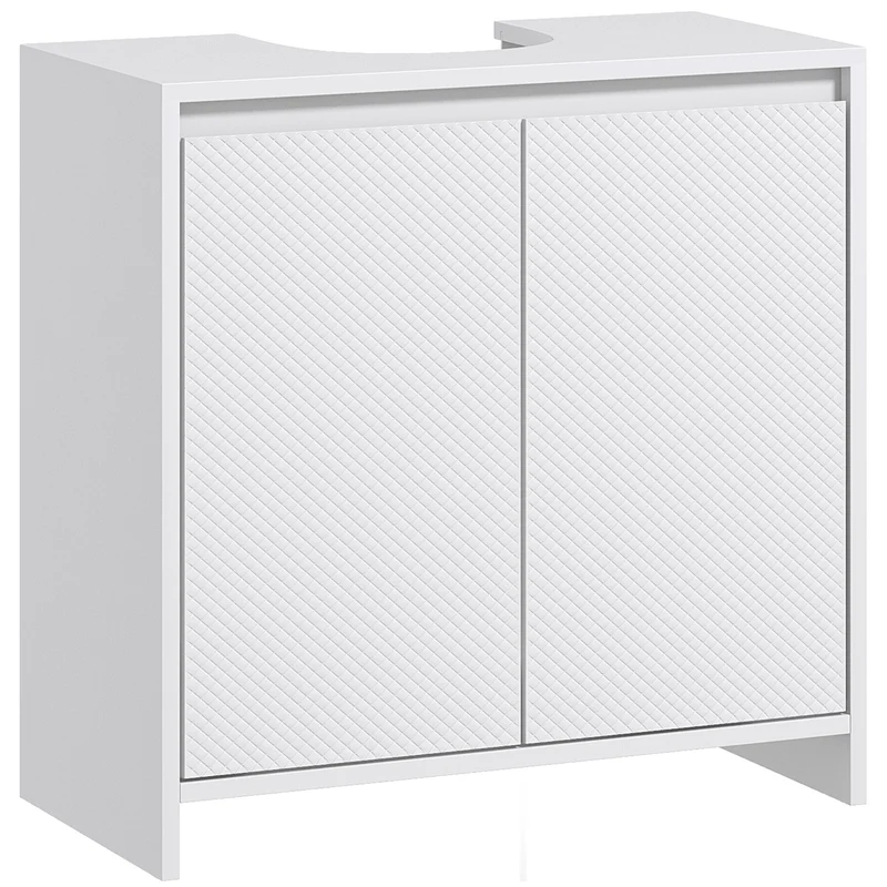 Meuble sous vasque 60 x 30 x 60 cm avec étagère réglable et découpe u sécurisée ambiance cosy moderne épuré en MDF blanc 21_0002033