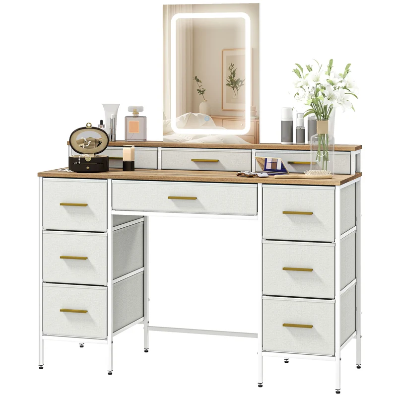 Coiffeuse maquillage 118,5 x 40 x 75,5 cm miroir éclairé 3 couleurs moderne douce en panneau de particules bois naturel 21_0003740