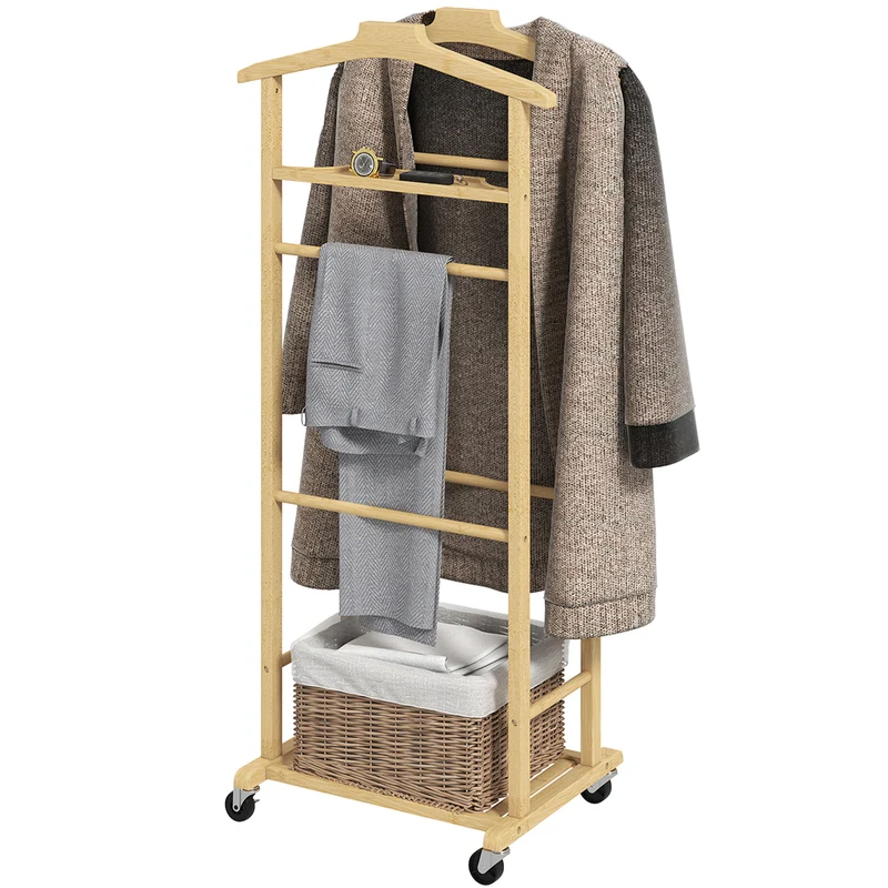 Portant à vêtements sur roulettes 47 x 34 x 106 cm gains de place mobilité freins scandinave en bambou bois naturel 21_0005893