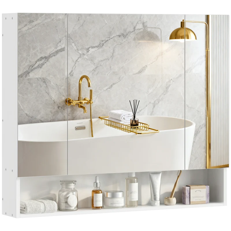 Armoire murale salle de bain 90 x 15 x 75 cm gain de place trois portes miroir étagère ajustable épuré en MDF blanc 21_0001914
