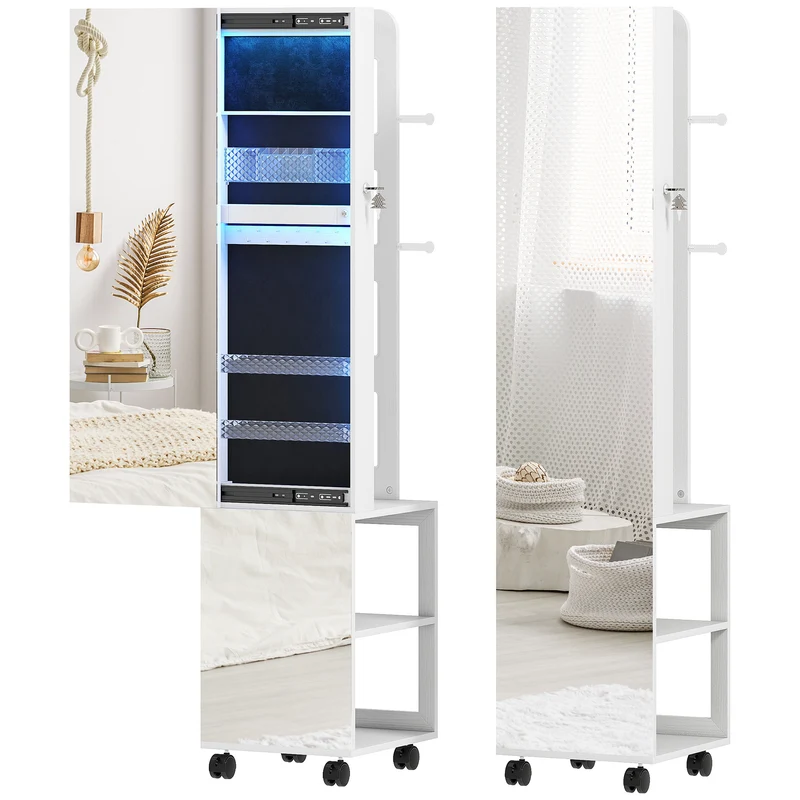 Armoire à bijoux miroir sur pied pivotante 37 x 40 x 165,5 cm rangement sécurisé éclairage led contemporain en MDF noir 21_0003734