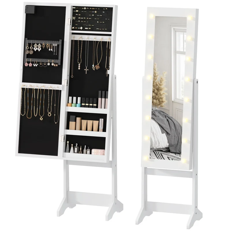Armoire à bijoux à suspendre 36 x 30 x 136 cm miroir réglable 3 positions 3 étagères 32 places moderne en MDF blanc 21_0001434