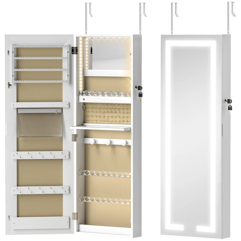 Armoire à bijoux murale miroir plein pied 37 x 10,5 x 108 cm rangement sécurisé éclairage led moderne épuré en MDF blanc 21_0001663