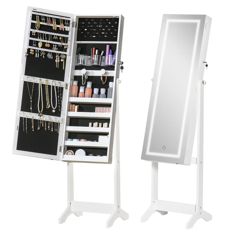 Armoire à bijoux miroir 46 x 36,5 x 151,5 cm rangement multiple verrouillable led intégré style contemporain en MDF blanc 21_0001498
