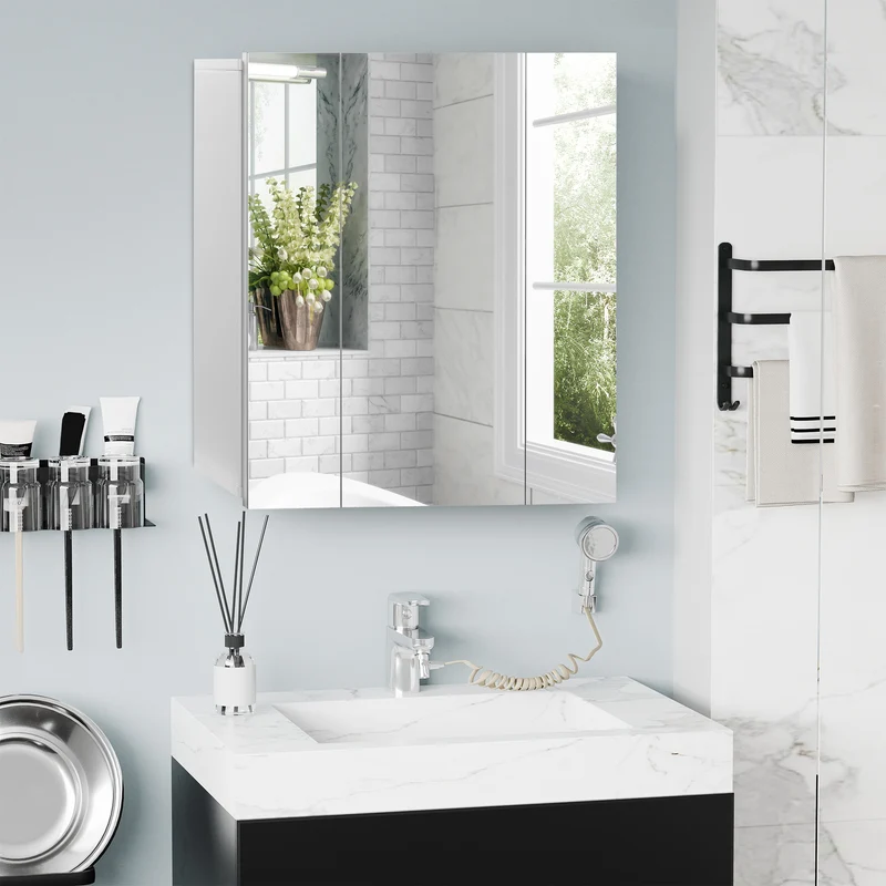 Armoire murale de salle de bain rangement miroir 70 x 15 x 60 cm 3 portes étagères réglables contemporain en MDF blanc 21_0001904