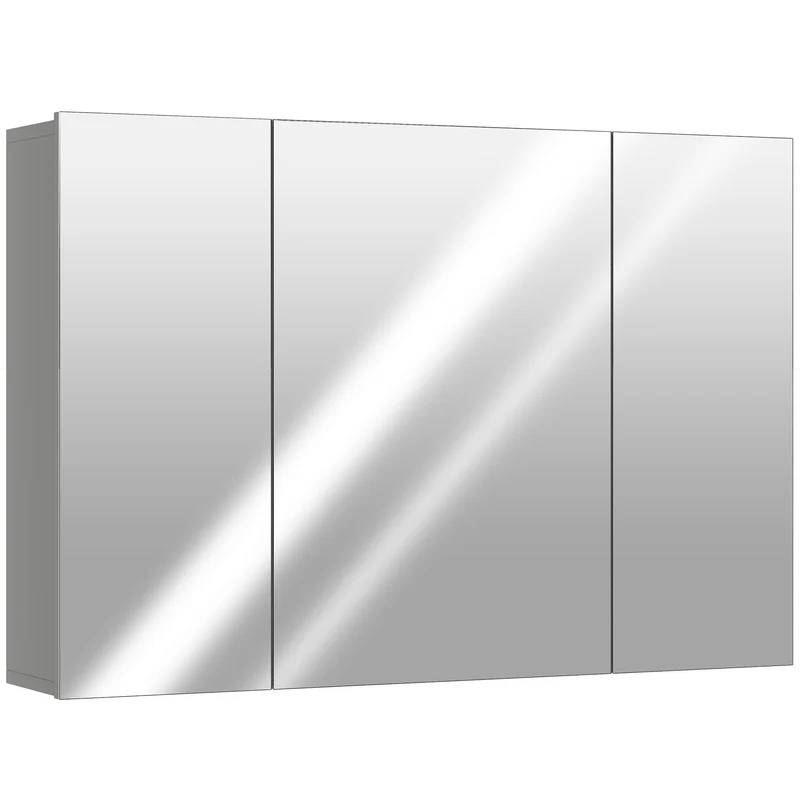 Armoire murale de salle de bain 3 portes miroir 90 x 15 x 60 cm avec étagères réglables style contemporain en MDF gris 21_0001905