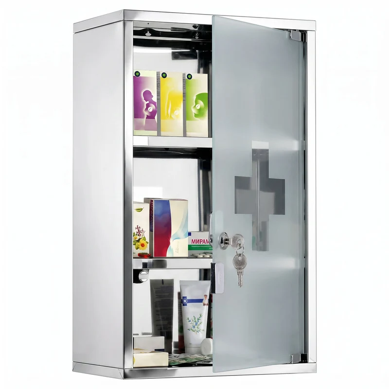 Armoire à pharmacie murale salle de bain 30 x 18 x 50 cm verrouillable trois étagères épuré en acier inoxydable argent 21_0000076