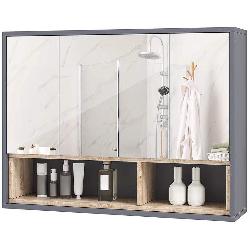 Armoire murale salle de bain miroir 80 x 20 x 60 cm rangement 8 compartiments sans poignée épuré contemporain en MDF gris 21_0002044