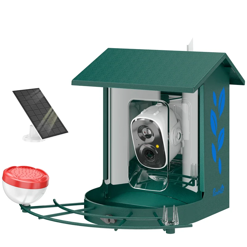 Mangeoire oiseaux avec caméra 2k jardin 30 x 34.5 x 26.3 cm capacité 2.5 l solaire design moderne en acier vert foncé 21_0007603
