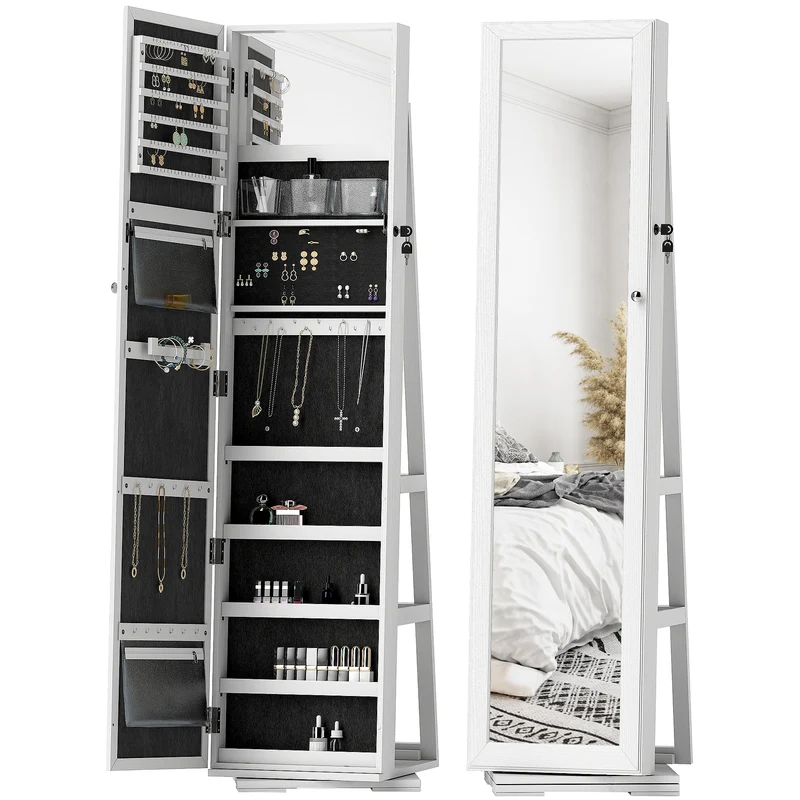 Armoire à bijoux pivotante dressing 38 x 38 x 160 cm verrouillable miroir design contemporain aspect veiné en MDF blanc 21_0001478