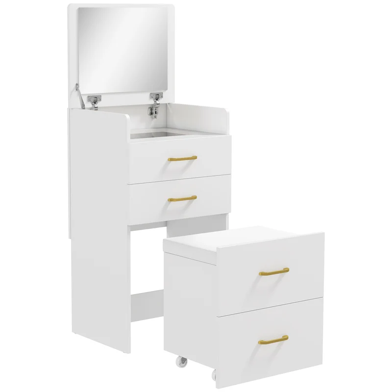 Coiffeuse 3 en 1 table de nuit et tabouret 48 x 40 x 90 cm rangements optimisés miroir rabattable épuré en MDF blanc 21_0003729