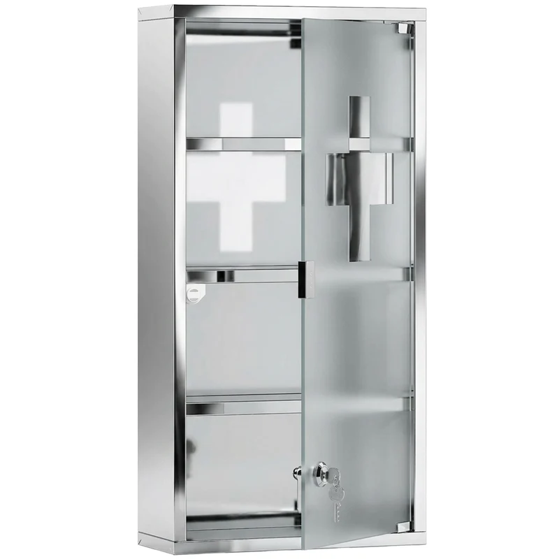 Armoire à pharmacie murale salle de bain 30 x 12 x 60 cm rangement 4 niveaux serrure intégrée épuré en acier inox gris 21_0000077