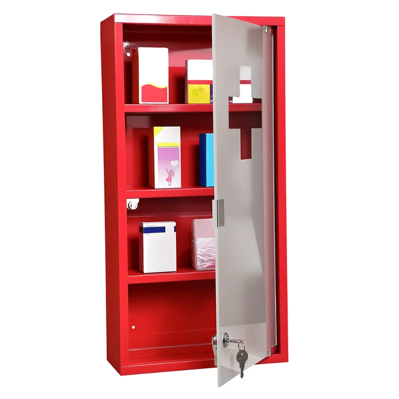 Armoire à pharmacie murale 30 x 12 x 60 cm verrouillable sécurité enfants 3 étagères design moderne utile en acier rouge 21_0000079