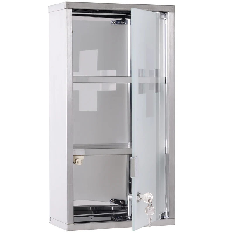 Armoire à pharmacie murale 25 x 12 x 48 cm verrouillable avec 2 clés hygiénique moderne épuré en acier inoxydable argent 21_0000078