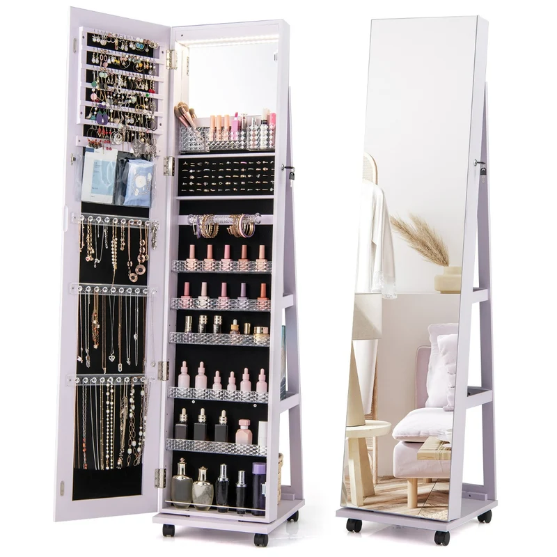 Armoire à bijoux sur roulettes grande capacité 40 x 38 x 164 cm éclairage LED et rangement acrylique en MDF violet 20_0009917