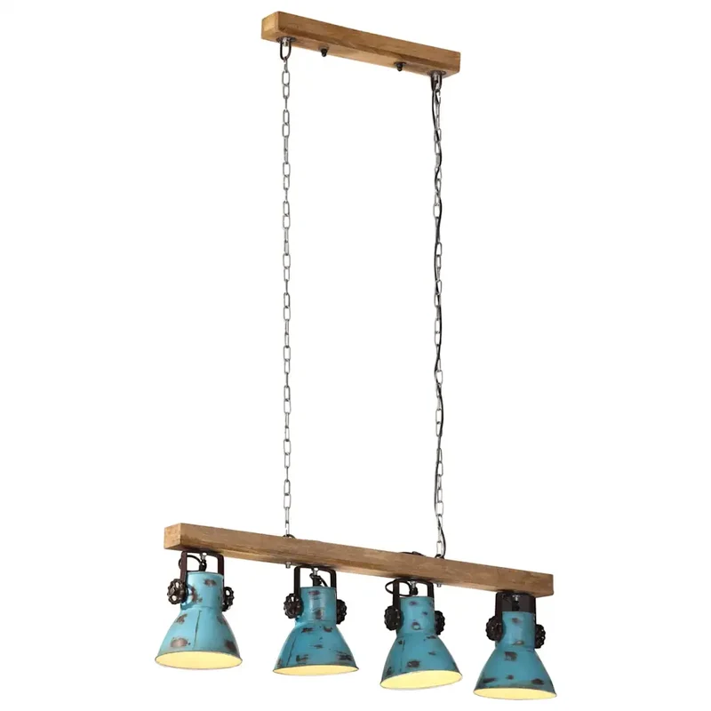 Plafonnier industriel à 4 abat-jour 90 x 24 x 111 cm ambiance cosy finition bleue délavée en bois de manguier 02_0047494