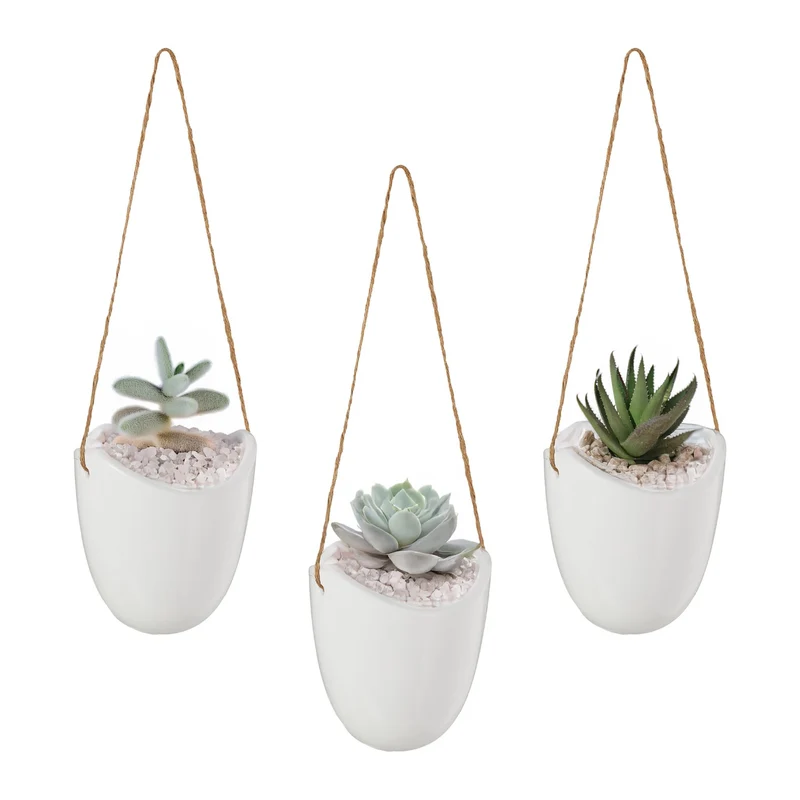 Lot de 3 porte-plantes muraux modernes suspendus décoration intérieure 40 x 20 x 20 cm en céramique blanc 13_0014088