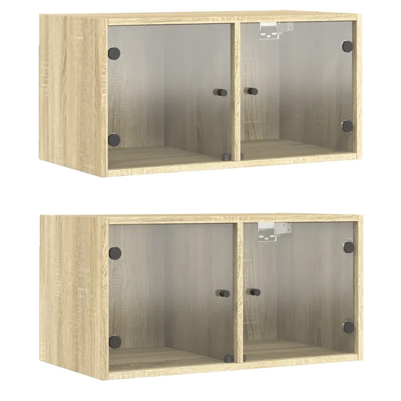 Lot de 2 armoires murales avec portes vitrées rangement pratique 68,5 x 37 x 35 cm en bois d'ingénierie chêne sonoma 02_0049339