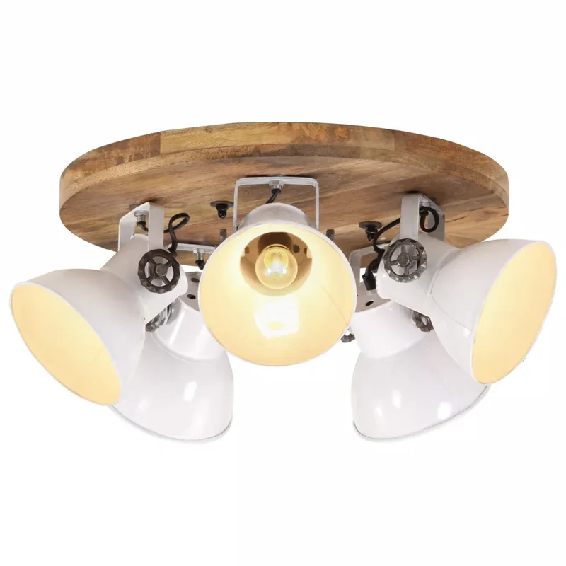 Plafonnier 5 abat-jour style industriel rustique ambiance cosy 50 x 50 x 25 cm en bois de manguier blanc 02_0047491