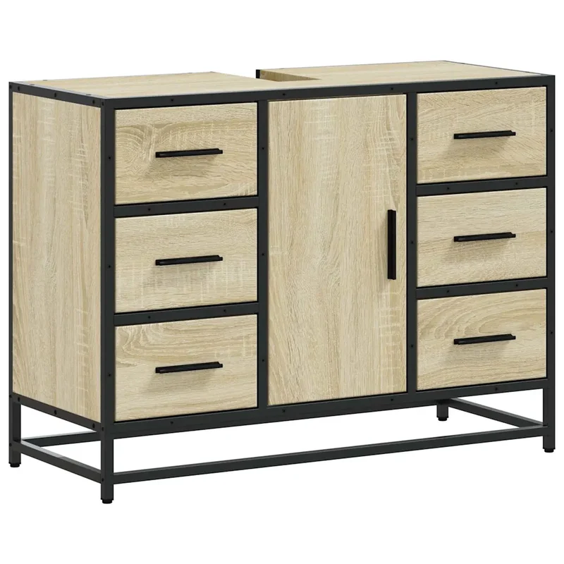 Armoire de lavabo rétro salle de bain 80 x 33 x 60 cm grand espace de rangement style industriel en bois d'ingénierie chêne sonoma 02_0049666
