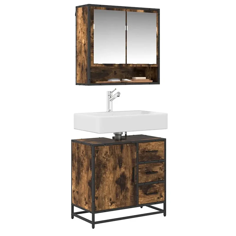 Armoire de lavabo rétro salle de bain design industriel 65 x 33 x 60 cm en bois chêne fumé 02_0049663