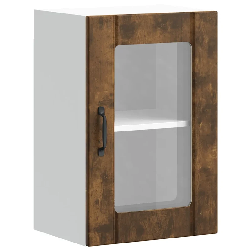 Armoire murale de cuisine avec porte en verre moderne rangement optimisé 40 x 31 x 60 cm en bois d'ingénierie chêne fumé 02_0050127